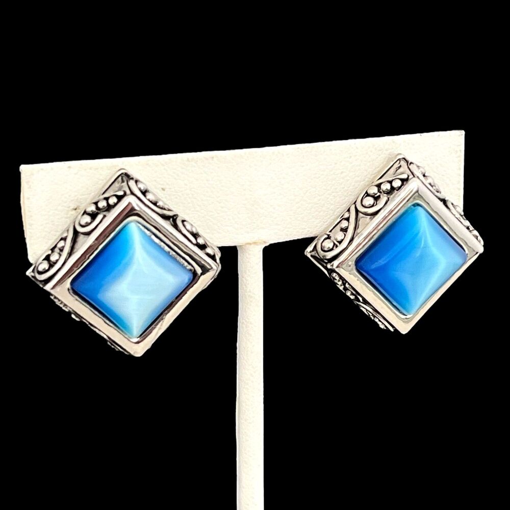 Vintage 1980s Diamond Shape Clip On Earrings Blue Moonglow Silver Tone - 2S